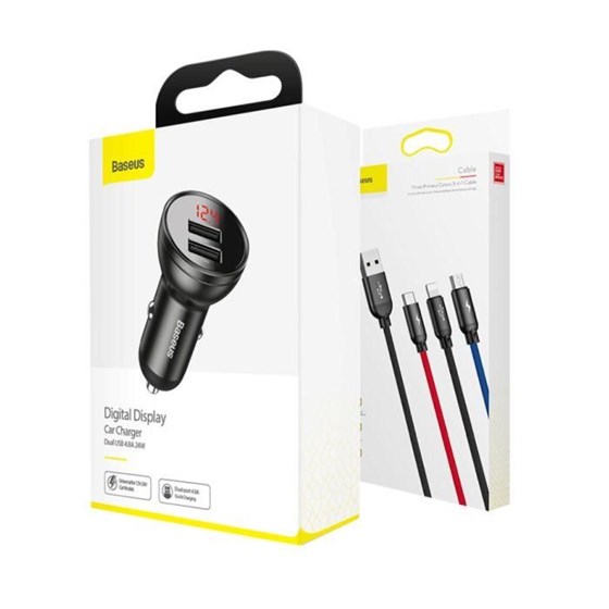 Auto punjač Baseus 2x USB 24W + kabel 3u1 MicroUSB Lightning USB C crni P/N: TZCCBX-0G