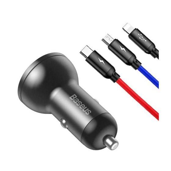 Auto punjač Baseus 2x USB 24W + kabel 3u1 MicroUSB Lightning USB C crni P/N: TZCCBX-0G