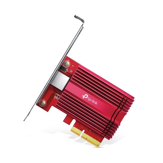 TPLink 10 Gigabit PCI Express Network Adapter, 1× PCI Express 3.0 x4, 1× RJ45 Gigabit/Megabit Port, 10 Gbps, 5 Gbps, 2.5 Gbps, 1 Gbps, and 100 Mbps Base-T connectivity; 1.5 m CAT6A Ethernet Cable