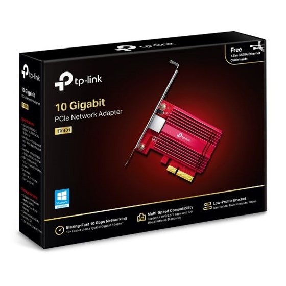 TPLink 10 Gigabit PCI Express Network Adapter, 1× PCI Express 3.0 x4, 1× RJ45 Gigabit/Megabit Port, 10 Gbps, 5 Gbps, 2.5 Gbps, 1 Gbps, and 100 Mbps Base-T connectivity; 1.5 m CAT6A Ethernet Cable