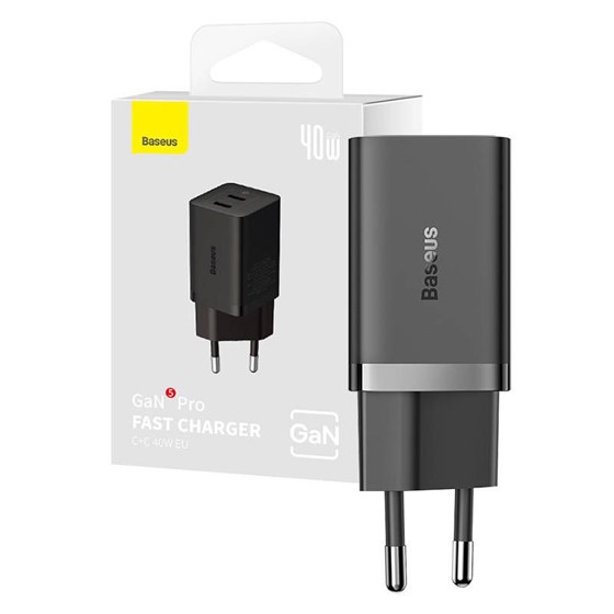 Univerzalni punjač Baseus GaN5 40W, 2x USB C crni, CCGP180101