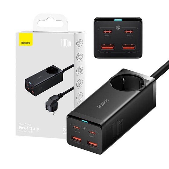 Univerzalni punjač Baseus Gan3 pro wall charger PowerStrip 100W, 2x USB A + 2x USB C + USB C kabel, CCGP000101