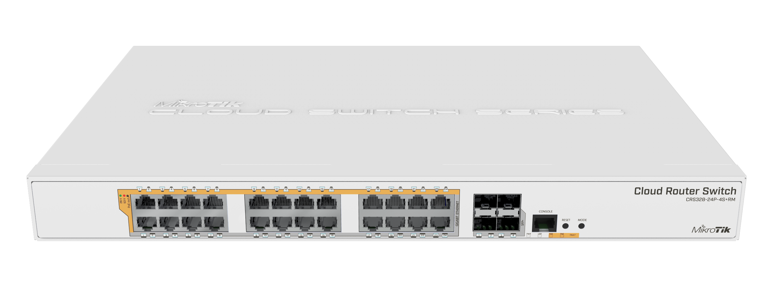 MikroTik Cloud Router Switch CRS328-24P-4S+RM, 512MB RAM, 24×G-LAN (all PoE-out), 4xSFP+, RouterOS L5/SwitchOS (dual boot), 1U rackmount, 500W PSU
