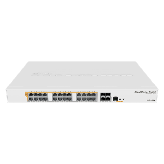 MikroTik Cloud Router Switch CRS328-24P-4S+RM, 512MB RAM, 24×G-LAN (all PoE-out), 4xSFP+, RouterOS L5/SwitchOS (dual boot), 1U rackmount, 500W PSU