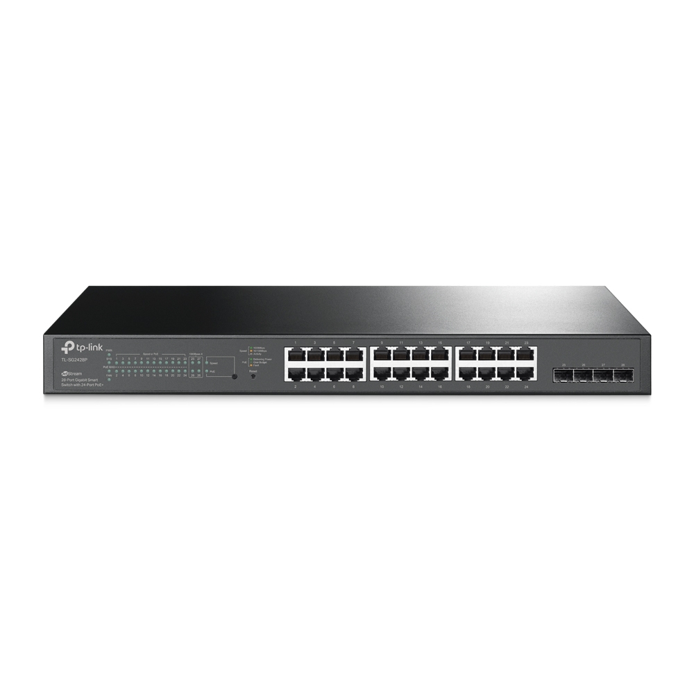 TP-Link TL-SG2428P JetStream Smart Switch, 24-port Gigabit PoE+ 802.3af/at, 4×Gbit SFP, 19" 1U rack mount (250W)