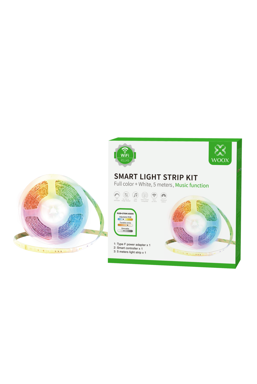 Woox Smart Wi-Fi LED traka RGB + muzička funkcija, 5m, 24W, 3000K-6500K, vodootporna, WooxHome app, Alexa & Google Assistant
