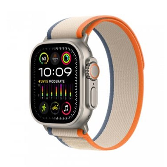 Apple Watch Ultra2 Cellular, 49mm Titanium Case w Orange/Beige Trail Loop - S/M, mrf13bs/a
