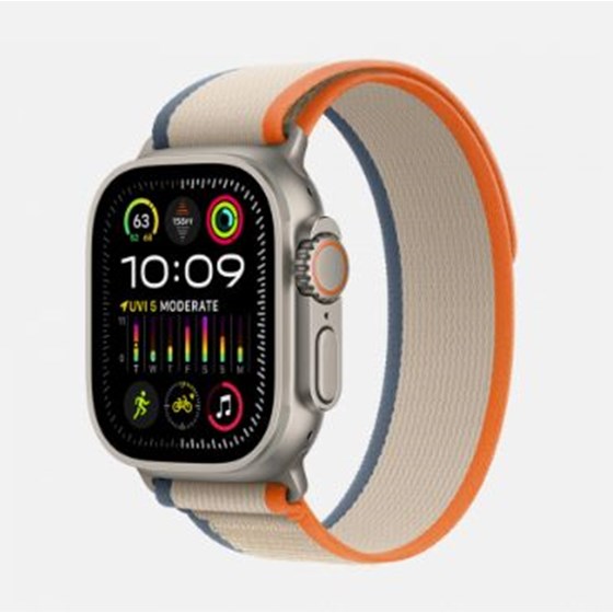 Apple Watch Ultra2 Cellular, 49mm Titanium Case w Orange/Beige Trail Loop - M/L, mrf23bs/a