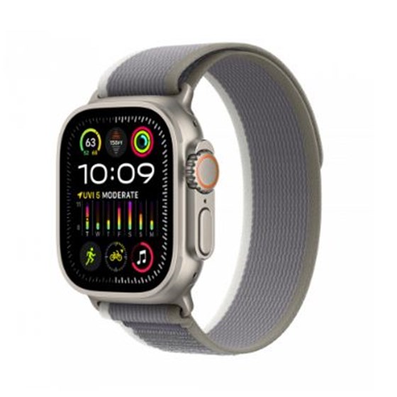 Apple Watch Ultra2 Cellular, 49mm Titanium Case w Green/Grey Trail Loop - S/M, mrf33bs/a