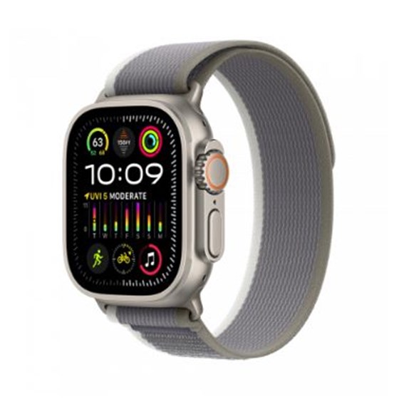 Apple Watch Ultra2 Cellular, 49mm Titanium Case w Green/Grey Trail Loop - M/L, mrf43bs/a