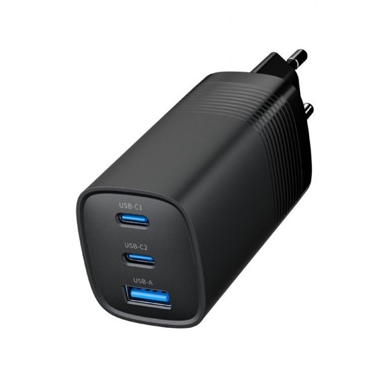 Univerzalni punjač 65W GAN 3 port crni, 2x USB C, 1x USB A, TA-UC-PDQC65-01-BK