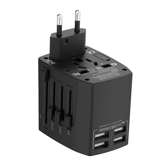 Univerzalni punjač Budi travel charger Budi 5A, 4x USB, EU/UK/AUS/US/JP, crni, 050561