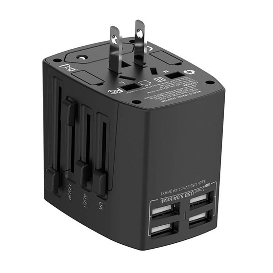 Univerzalni punjač Budi travel charger Budi 5A, 4x USB, EU/UK/AUS/US/JP, crni, 050561