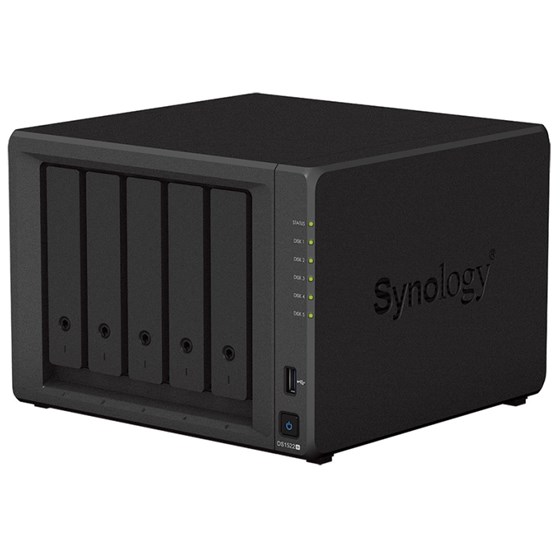 Synology DS1522+ DiskStation 5-bay NAS server, 2.5"/3.5" HDD/SSD/M.2, 8GB DDR4, 4×G-LAN, USB3.2/eSATA, Wake on LAN/WAN