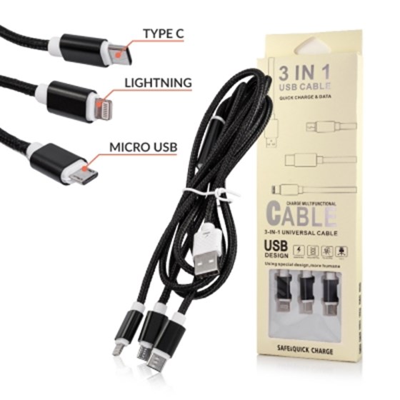 Kabel USB 3in1 USB Type-C/Lightning/MicroUSB 120cm Crni  P/N:  31120955 