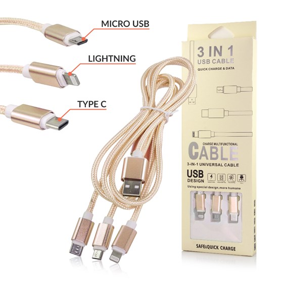 Kabel USB 3in1 USB Type-C/Lightning/MicroUSB Zlatni P/N:  31120989 