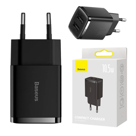 Univerzalni punjač Baseus Compact Quick Charger, 2x USB, 10.5W, crni, CCXJ010201