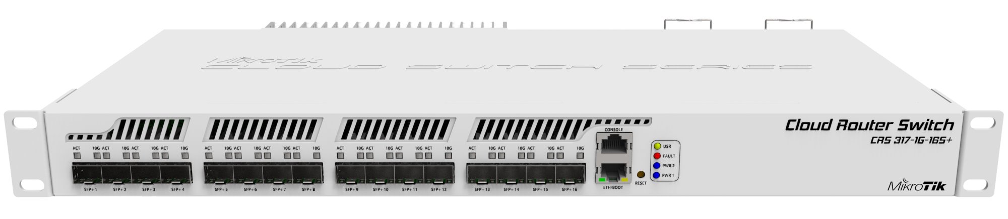 MikroTik Cloud Router Switch CRS317-1G-16S+RM, 1GB RAM, 1xG-LAN, 16xSFP+, RouterOS L6/ SwitchOS (dual boot), 1U rackmount, redundant PSU