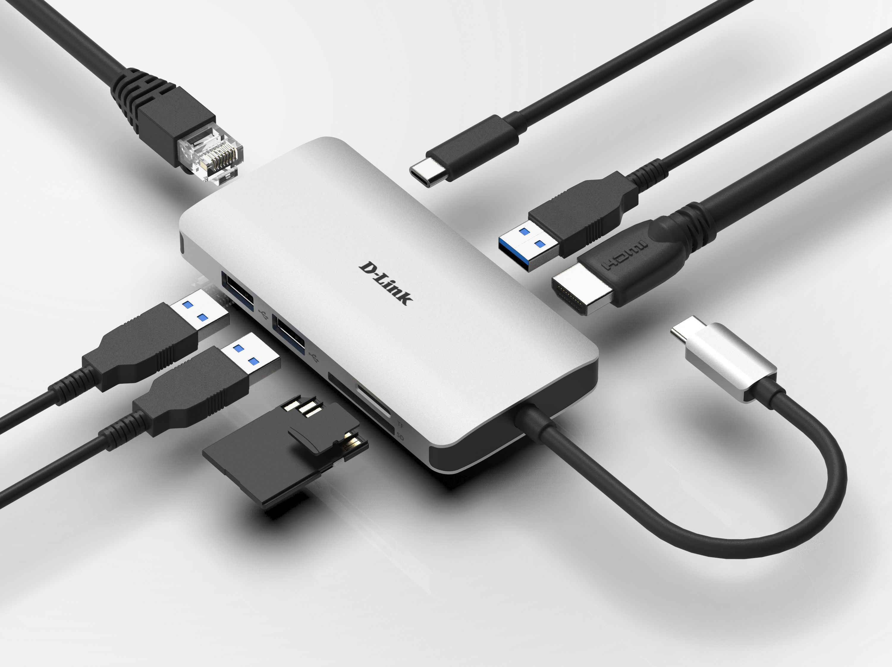 D-Link HUB 8-in-1 3×USB3.0, 1×HDMI 4K, 1×USB-C (Thunderbolt 3) 100W, Dua-Slot Card Reader, 1×RJ45, P/N DUB-M810