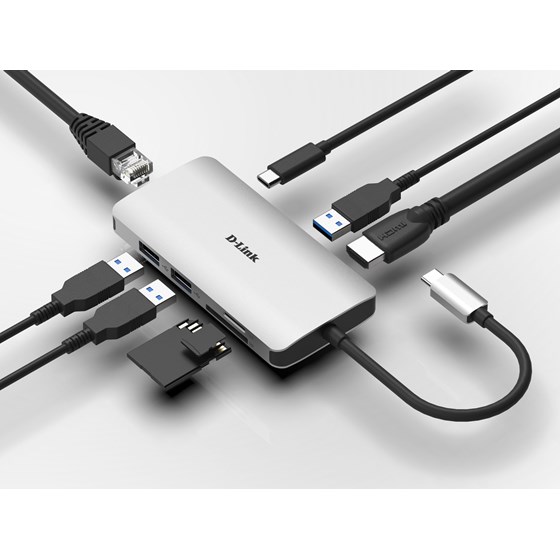D-Link HUB 8-in-1 3×USB3.0, 1×HDMI 4K, 1×USB-C (Thunderbolt 3) 100W, Dua-Slot Card Reader, 1×RJ45, P/N DUB-M810