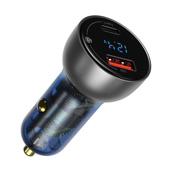 Auto punjač za smartphone/tablet/laptop Baseus Particular Digital Display, USB + USB-C, QC 3.0 + PD, 5A, 65W, siva