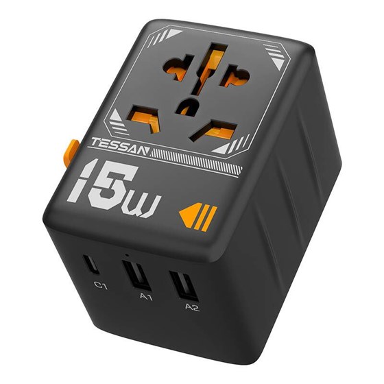 Univerzalni punjač Tessan 15W sa priključcima EU,UK,AU,US, 2x USB A, 1x USB C, WTA-01
