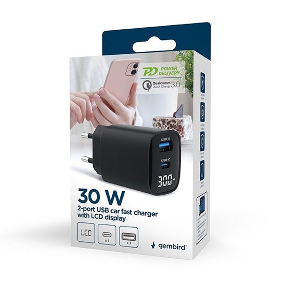 Univerzalni punjač Gembird 2-port 30W Fast Charger, USB A, USB C, crni, TA-UC-PDQC30LCD-BK-01