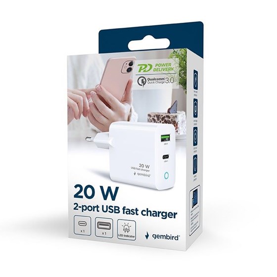 Univerzalni punjač Gembird 2-port 20W Fast Charger, USB A, USB C, bijeli, TA-UC-PDQC20L-W-01