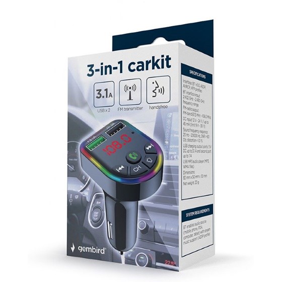 Bluetooth FM Transmitter 3u1 Gembird, Auto punjač, 2x USB, BTT-05