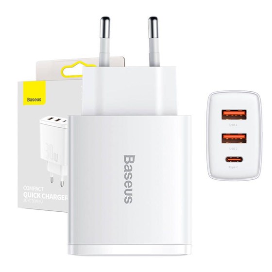 Univerzalni punjač Baseus Compact Quick Charger, 2x USB A, 1x USB C, 30W, bijeli, CCXJ-E02