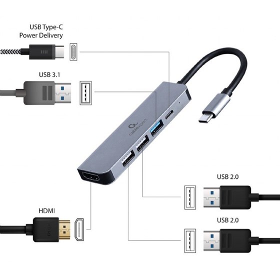 USB C HUB Gembird 5u1, 1x HDMI, 1x USB 3.1, 2x USB 2.0, 1x USB C PD 87W, A-CM-COMBO5-03