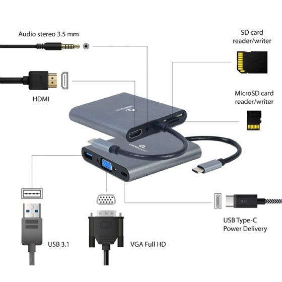 USB C HUB Gembird 6u1, 1x HDMI, 1x 3.5mm, 1x VGA, 1x USB 3.1, 1x SD +1x MicroSD čitač, 1x USB C PD 60W, A-CM-COMBO6-01