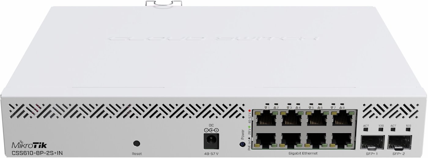 Mikrotik Cloud Smart Switch CSS610-8P-2S+IN, 8×G-LAN PoE-out, 802.3af/at, 2×SFP+ 10G, SwOS, desktop kučište, PSU