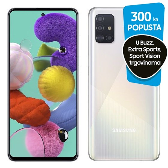 Smartphone Samsung Galaxy A51 DS Bijeli Exynos 9611 Octa-core 1.70GHz 4GB 128GB 6.5" Android 9.0 3G 4G NFC WiFi Bluetooth 5.0 (PROMO) P/N: SM-A515FZWVEUG