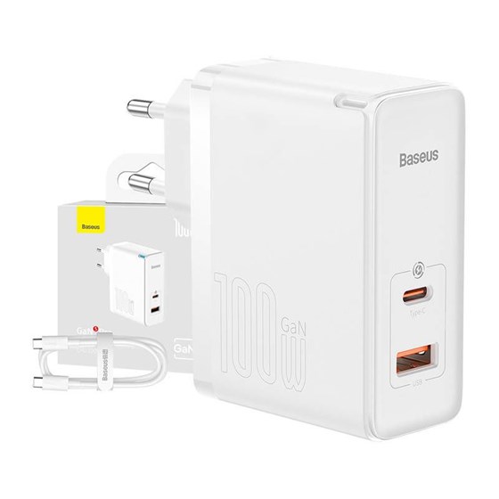 Univerzalni punjač za smartphone/tablet Baseus Gan5 Pro 2-port 1x USB C 1x USB A, 100W + 1m USB C kabel, bijeli, CCGP090202