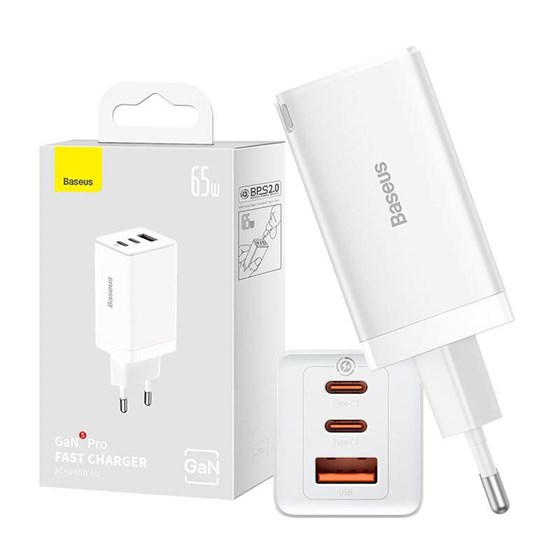Univerzalni punjač za smartphone/tablet Baseus Gan5 Pro 3-port, 2x USB C 1x USB A, 65W, bijeli + USB C kabel, CCGP120202