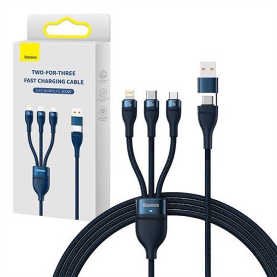 Kabel 3in1 USB cable Baseus Flash Series 2, USB A/USB C na USB C + MicroUSB + Lightning, 100W, 1.2m plavi, CASS030103