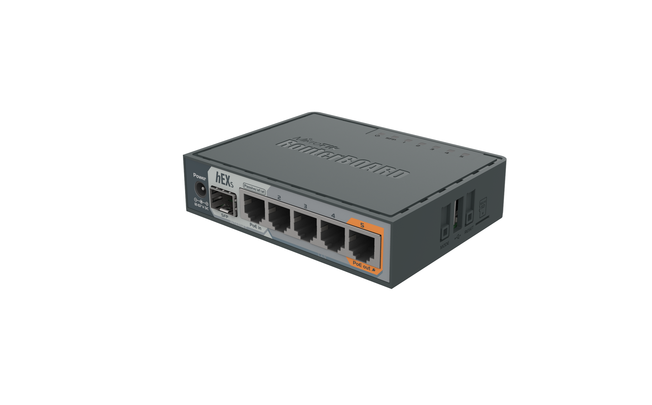 MikroTik hEX S, Router, 256MB RAM, 5×G-LAN, SFP, USB, microSD, PoE-out-port #5, RouterOS L4 (RB760iGS)