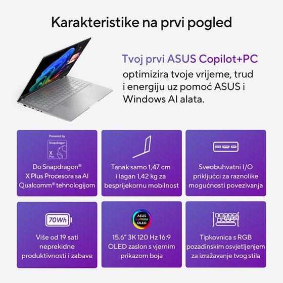 Asus VivoBook S 15 OLED S5507QA-MA056W, 90NB14Q2-M00800, 15.6" 3K 120Hz, Snapdragon X Elite X1E, 32GB, 1TB SSD, W11H, Qualcomm Adreno GPU - izložbeni artikl