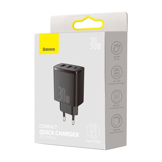 Univerzalni punjač Baseus Compact Quick Charger, 2x USB A, 1x USB C, 30W, crni, CCXJ-E01
