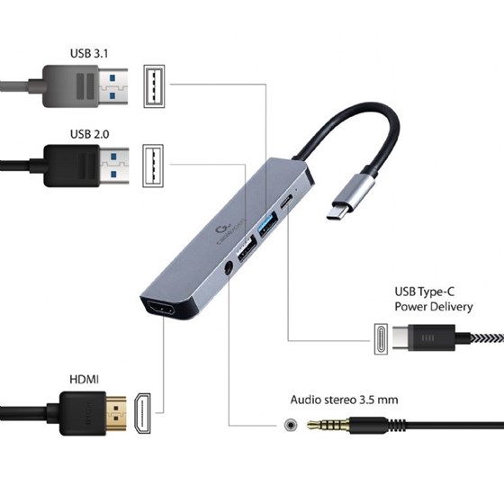 USB C HUB Gembird 5u1, 1x HDMI, 1x USB 3.1, 1x USB 2.0, 1x USB C PD 87W, 1x Audio 3.5mm, A-CM-COMBO5-02