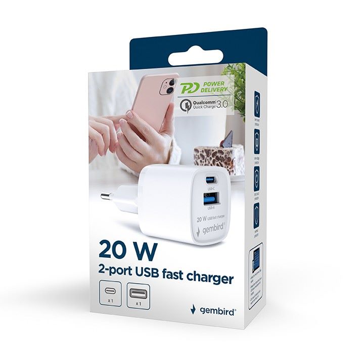 Univerzalni punjač 20W, 1x USB A, 1x USB C, Gembird bijeli, TA-UC-PDQC20-W-01