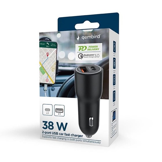 Auto punjač Gembird 2 port 38W (18W+20W), 1x USB A, 1x USB C, PowerDelivery, QC 3.0, TA-UC-AC2PDQC38-CAR-01