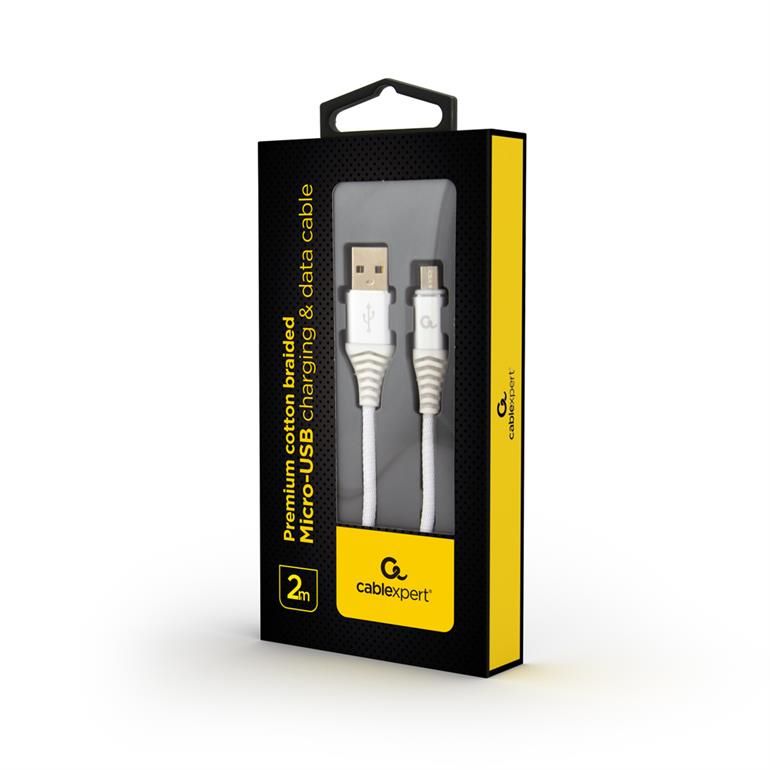 Kabel USB A - MicroUSB, 2m, USB 2.0 480 Mbps 2.A, Gembird Premium Cotton braided bijelo-sivi, CC-USB2B-AMmBM-2M-BW2