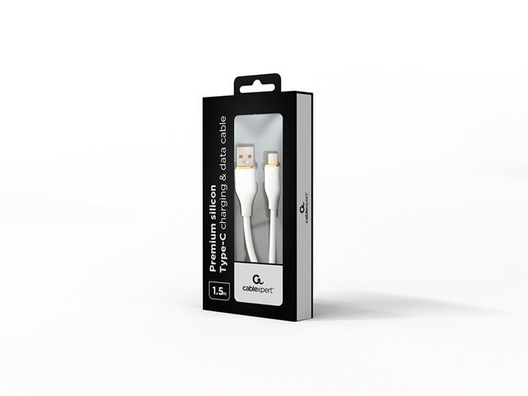 Kabel USB A - USB C, 1.5m, USB 2.0, 480 Mbps, 2.1A, Gembird Premium Silicon bijeli, CC-USB2S-AMCM-1.5M-W
