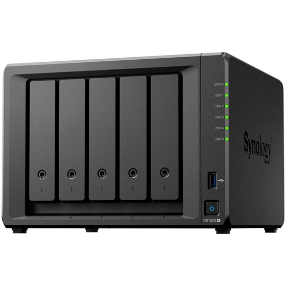 Synology DS1525+ DiskStation 5-bay NAS server, 2.5"/3.5" HDD/SSD/2×M.2 2280 NVMe, 8GB DDR4, 2×2.5GbE LAN, USB3.2/USB-C×2, Wake on LAN/WAN