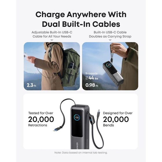 Anker Powerbank 25.000 mAh s ugrađenim USB-C kabelom, 165W, crni