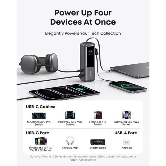 Anker Powerbank 25.000 mAh s ugrađenim USB-C kabelom, 165W, crni