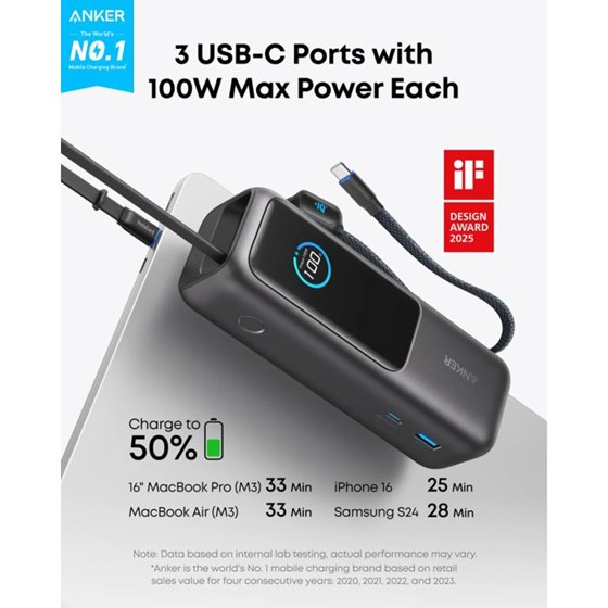 Anker Powerbank 25.000 mAh s ugrađenim USB-C kabelom, 165W, crni