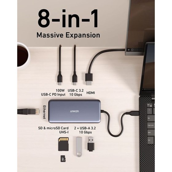Anker 555 USB-C Hub, 8u1, HDMI/USB-C PD100W/USB-C/USB-A×2/Card Reader/RJ-45, sivi